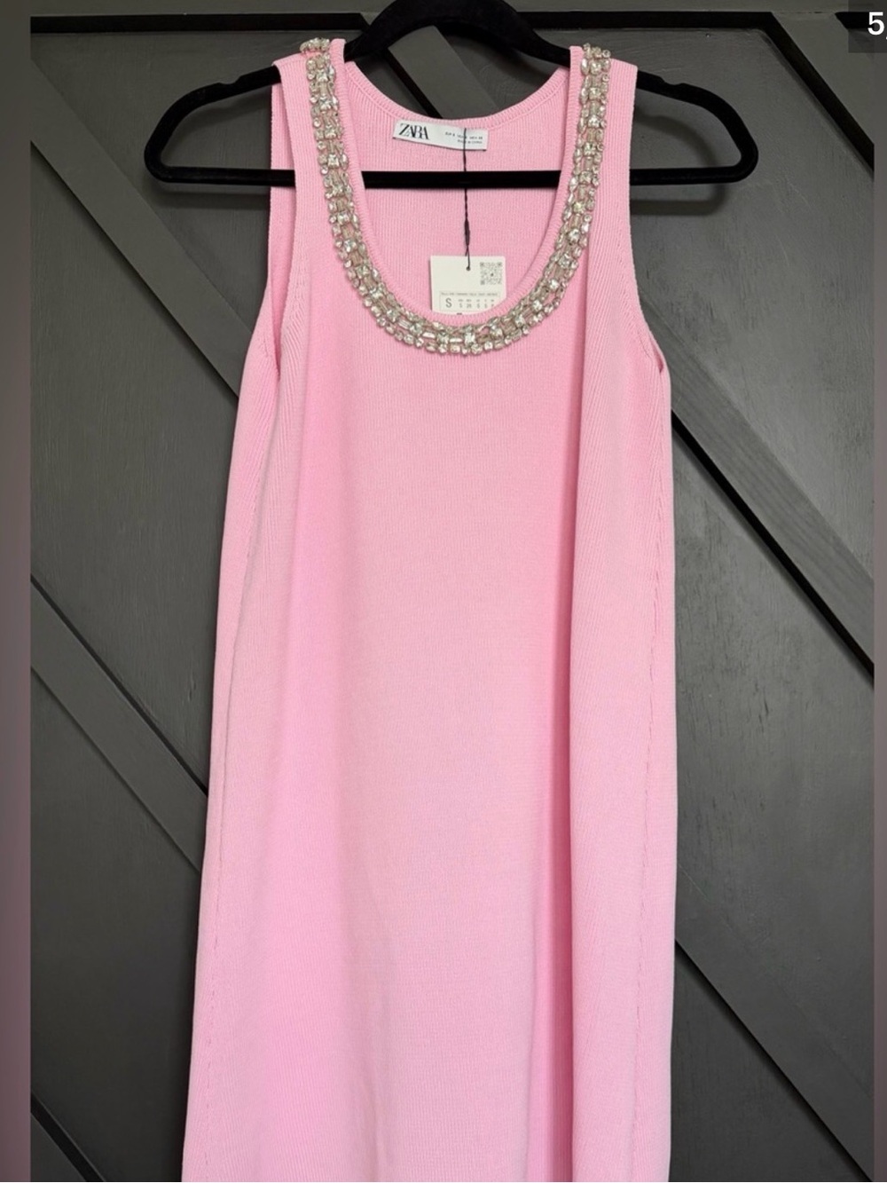 Zara Pink Sleeveless Midi Dress with Beaded Neckline